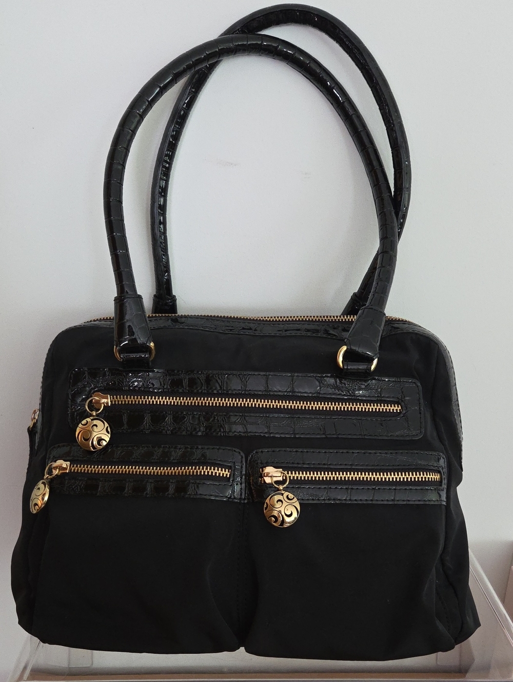 Brighton Black Nylon Croc Patent Shoulder Bag with Gold Hardware, EUC